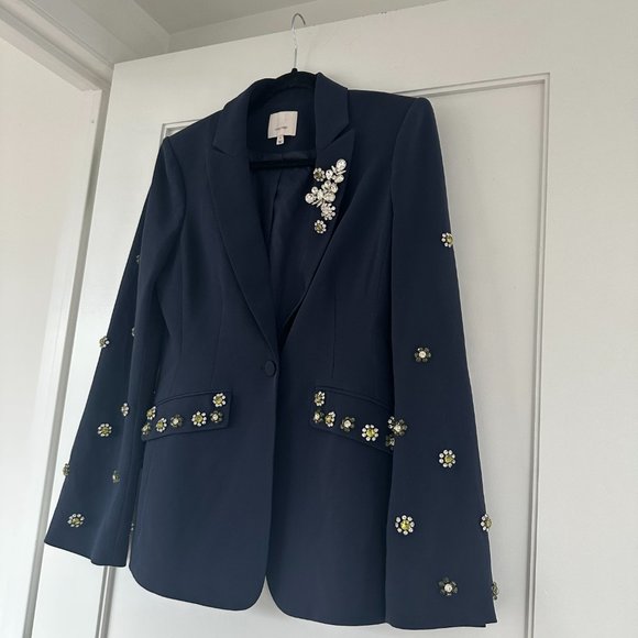 Cinq à Sept Cheyenne Blazer Jacket Rhinestone Flower Embellishments in Navy Sz 4 - Picture 5 of 11